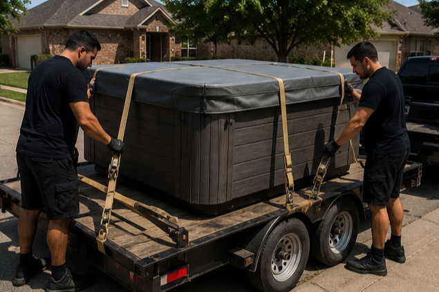 Workers preparing a hot tub for transport in San Antonio Texas