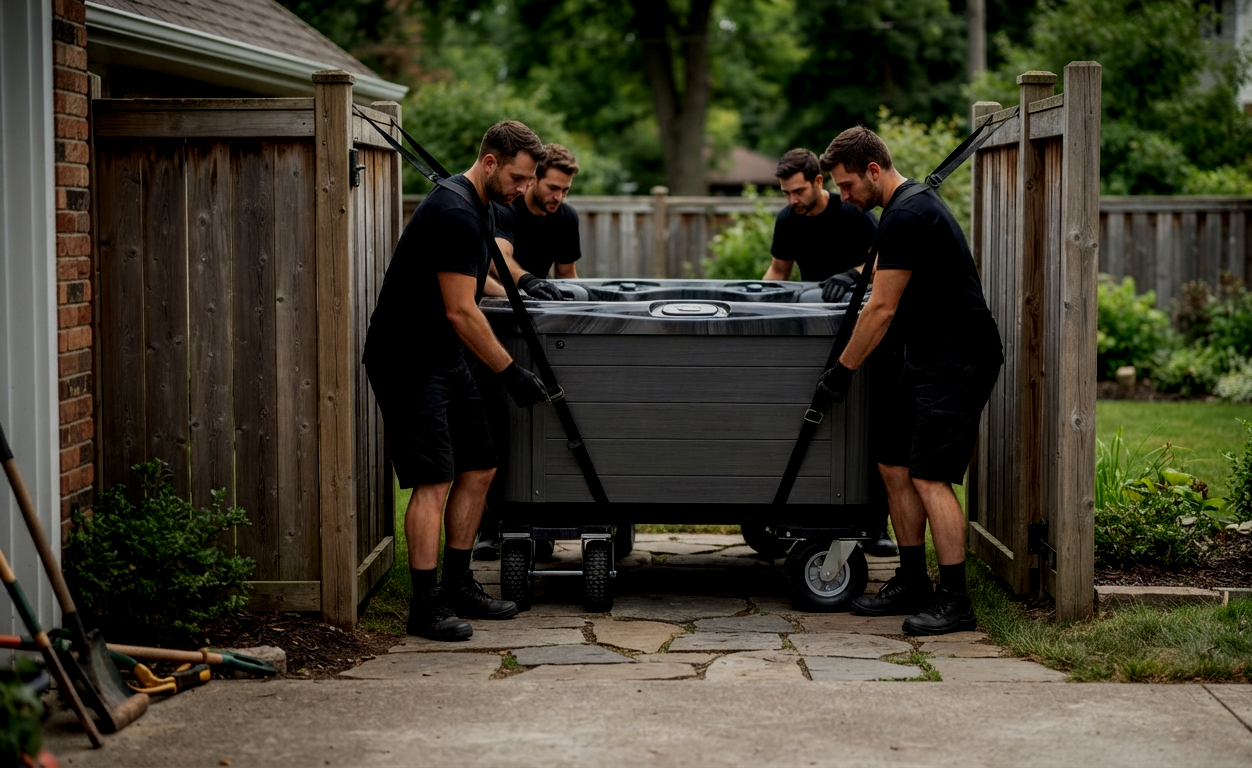 Professional hot tub moving service at a residential property in San Antonio