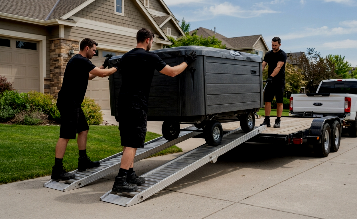 Crew carefully loading a hot tub onto a moving trailer in San Antonio Texas