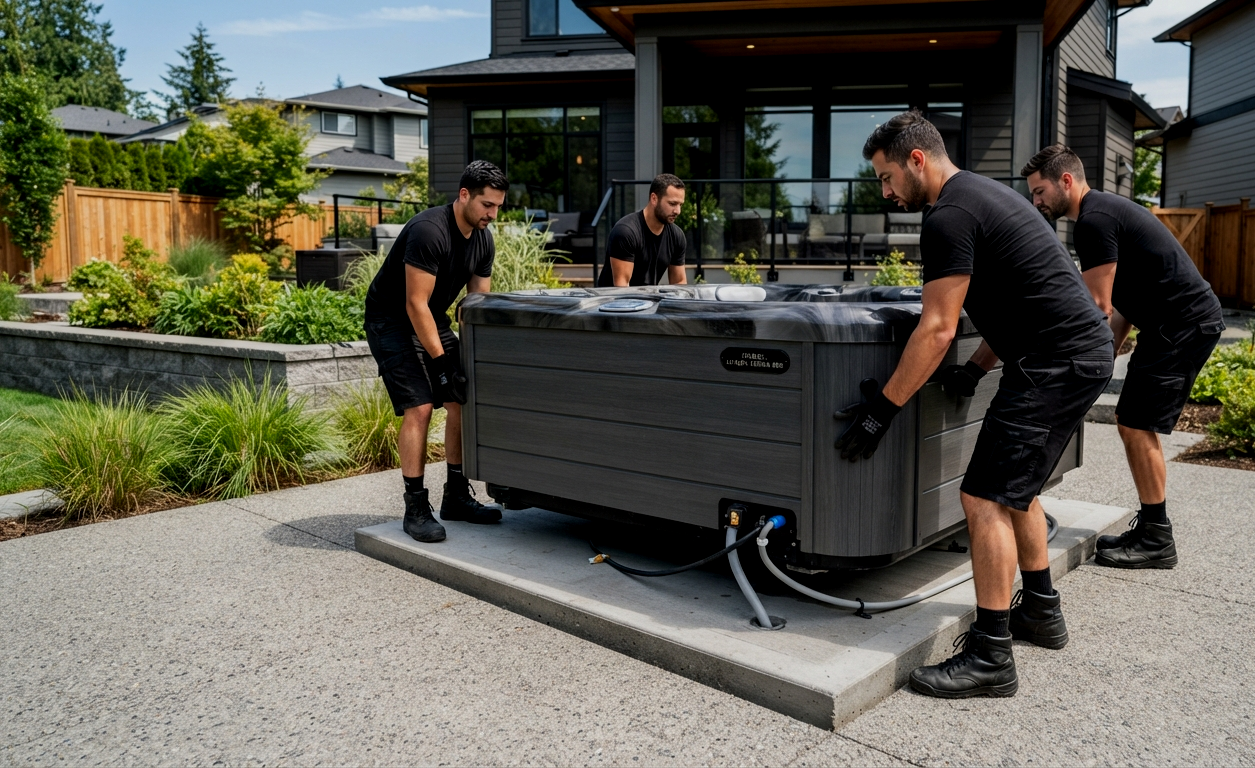 Spa movers carefully navigating a narrow side yard in San Antonio Texas