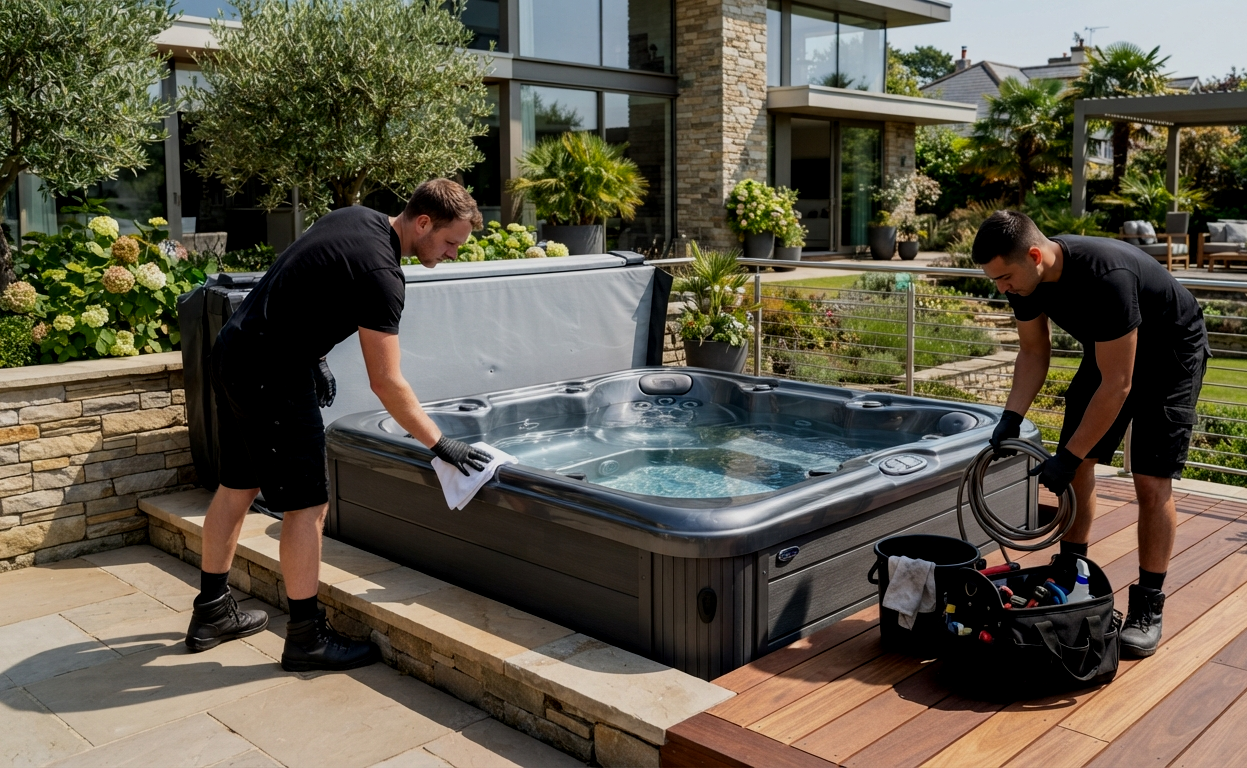 Team moving a luxury hot tub across a residential property in San Antonio
