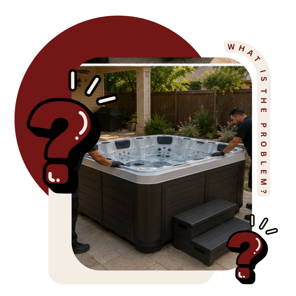 Hot tub installation team placing spa onto prepared foundation
