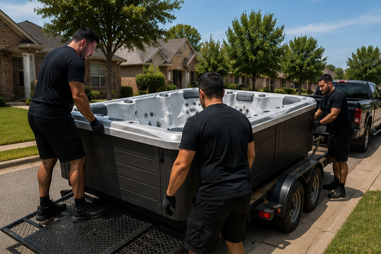 Hot tub secured on a trailer after a successful move in San Antonio