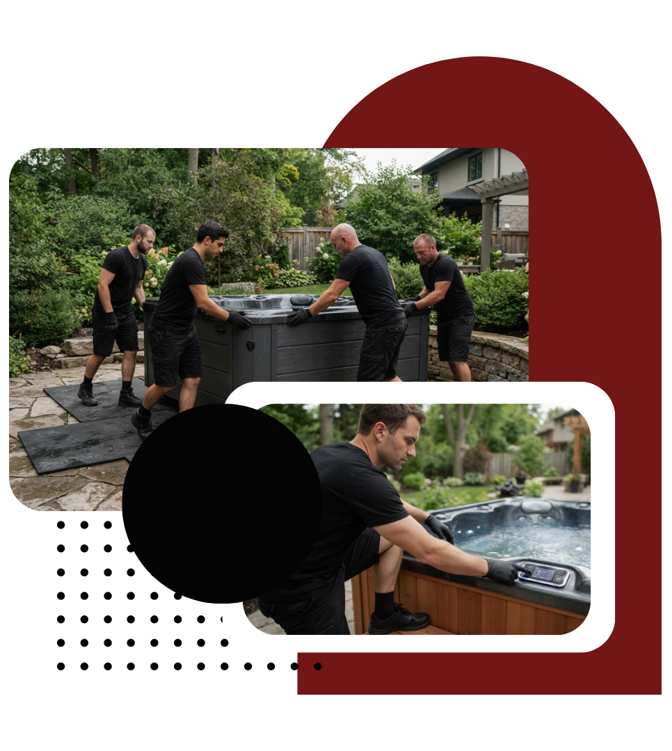 Hot tub relocation crew inspecting site before lift operation