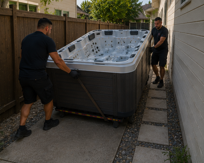 Heavy spa being moved safely across a backyard in San Antonio