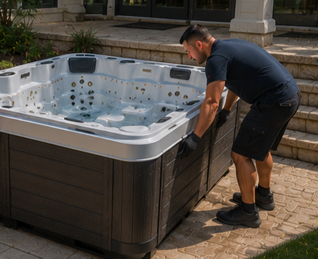 Professional team relocating a portable spa in San Antonio Texas