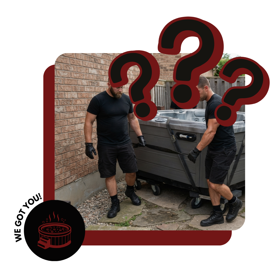 Backyard hot tub movers using lifting straps for heavy spa