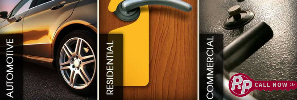 A three-panel graphic advertising automotive, residential, and commercial locksmith services with a