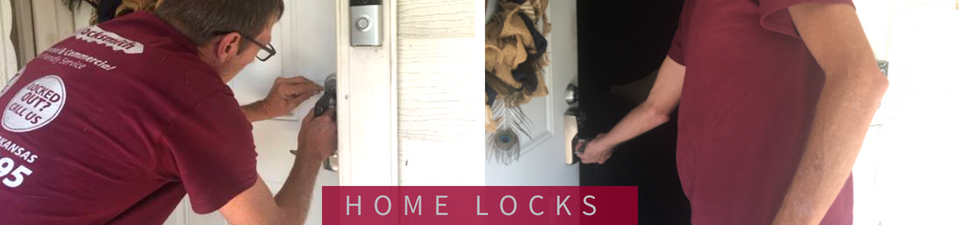 Two technicians in maroon shirts installing a smart lock on a door, with text reading