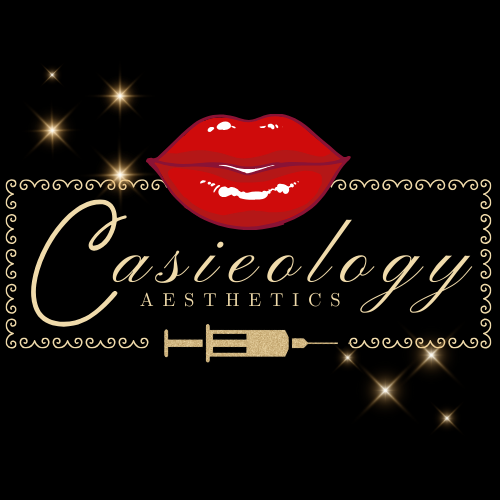 A logo for casicology aesthetics with red lips and a syringe