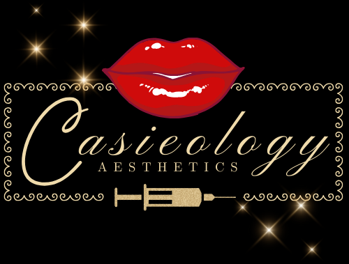A logo for casicology aesthetics with red lips and a syringe