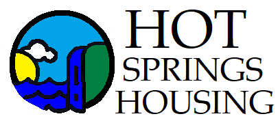 Logo for Hot Springs Housing. Circle with a landscape scene. Includes sun, water, sky, waterfall, and hill. Text: 