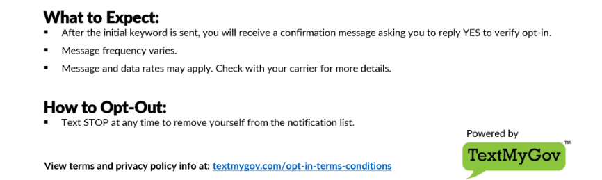 Details about text messaging service, including opt-out instructions and terms.