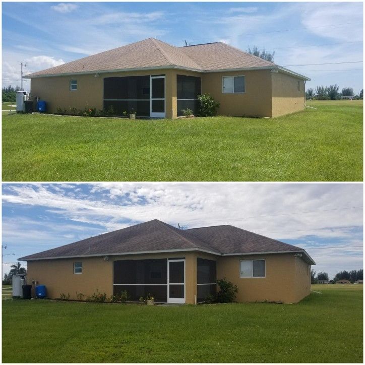 Two side-by-side views of a tan single-story house with a screened porch and green lawn under a cloudy sky
