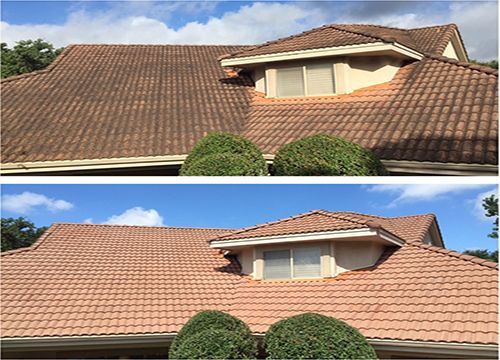 Before and after view of a house roof with reddish-brown tiles and a dormer window.