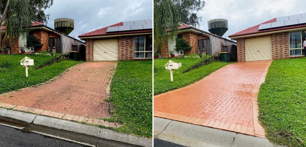 Before-and-after of a red brick driveway: left wet and dark, right dry and bright pink after cleaning.