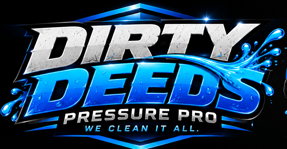 Dirty Deeds logo in white and blue on a black background.