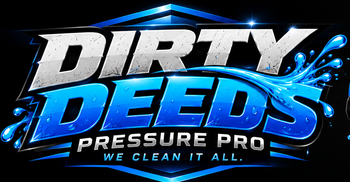 Dirty Deeds logo in white and blue on a black background.