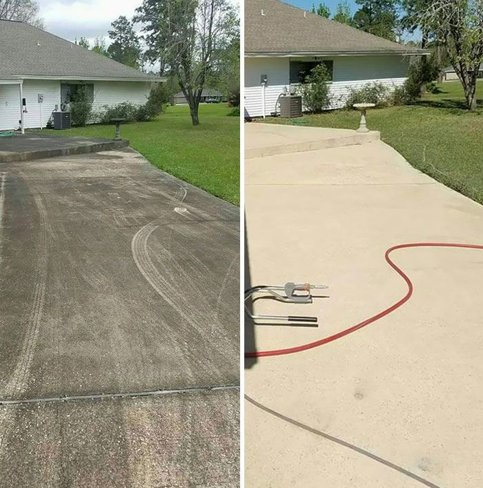 Before-and-after driveway cleaning: stained concrete on left, clean light driveway on right with pressure-washing hose.