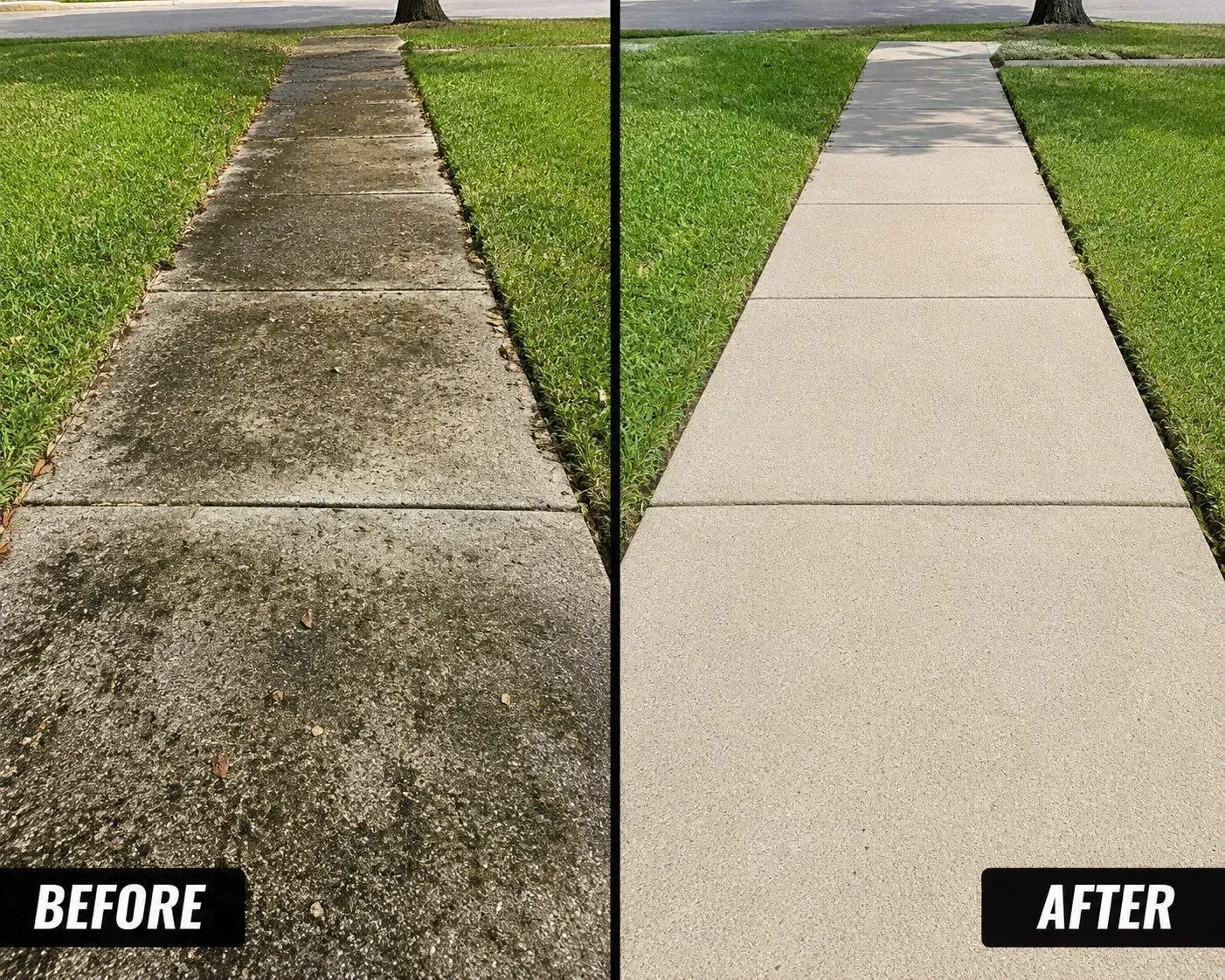 Sidewalk cleaning before-and-after: dirty concrete path on left, bright clean path on right.