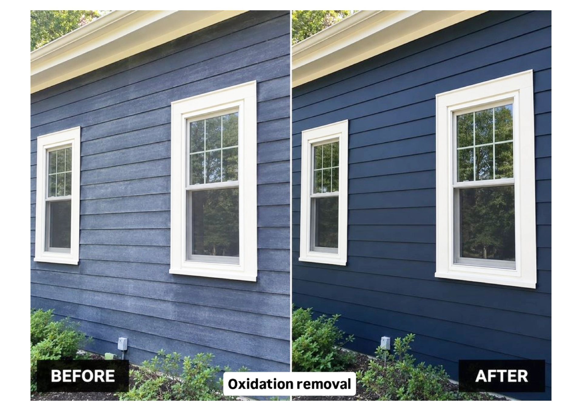 Before-and-after of blue house siding with white windows, showing oxidation removal.