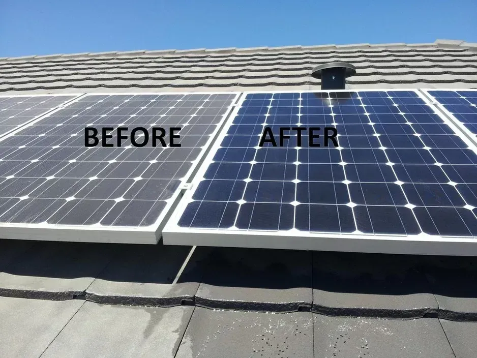 Roof solar panels labeled “BEFORE” and “AFTER” showing a cleaner, darker panel array on the right