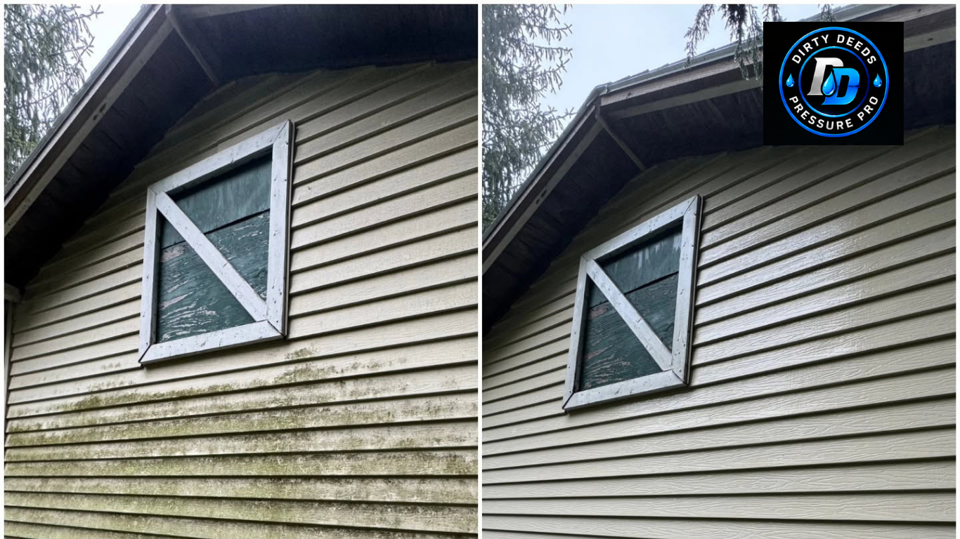 Siding before-and-after: dirty beige house wall cleaned to a brighter, uniform finish.