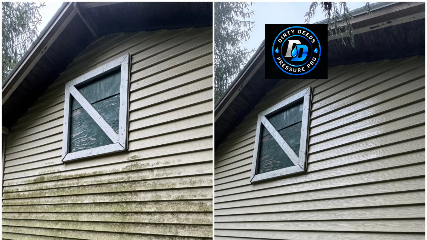 Siding before-and-after: dirty beige house wall cleaned to a brighter, uniform finish.