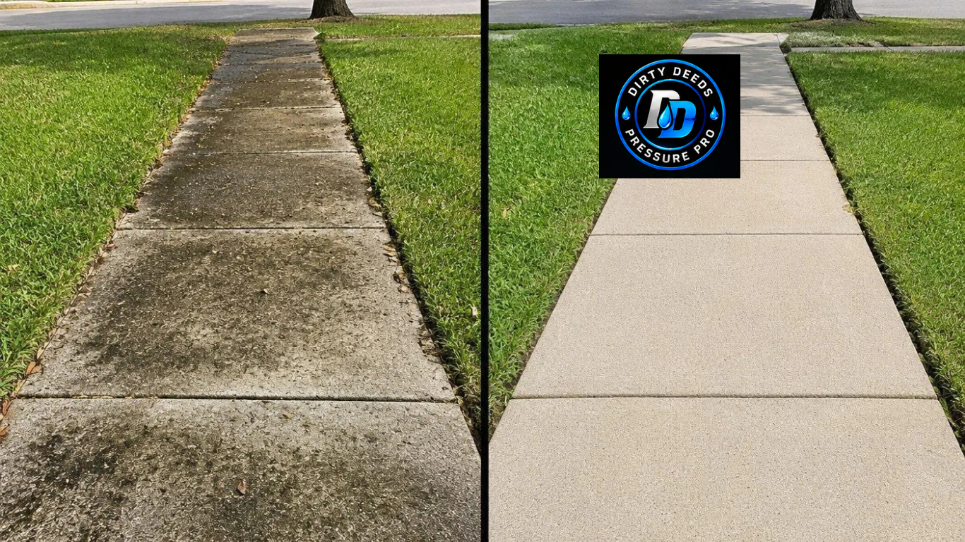 Sidewalk cleaning before-and-after: dirty concrete path on left, bright clean path on right.
