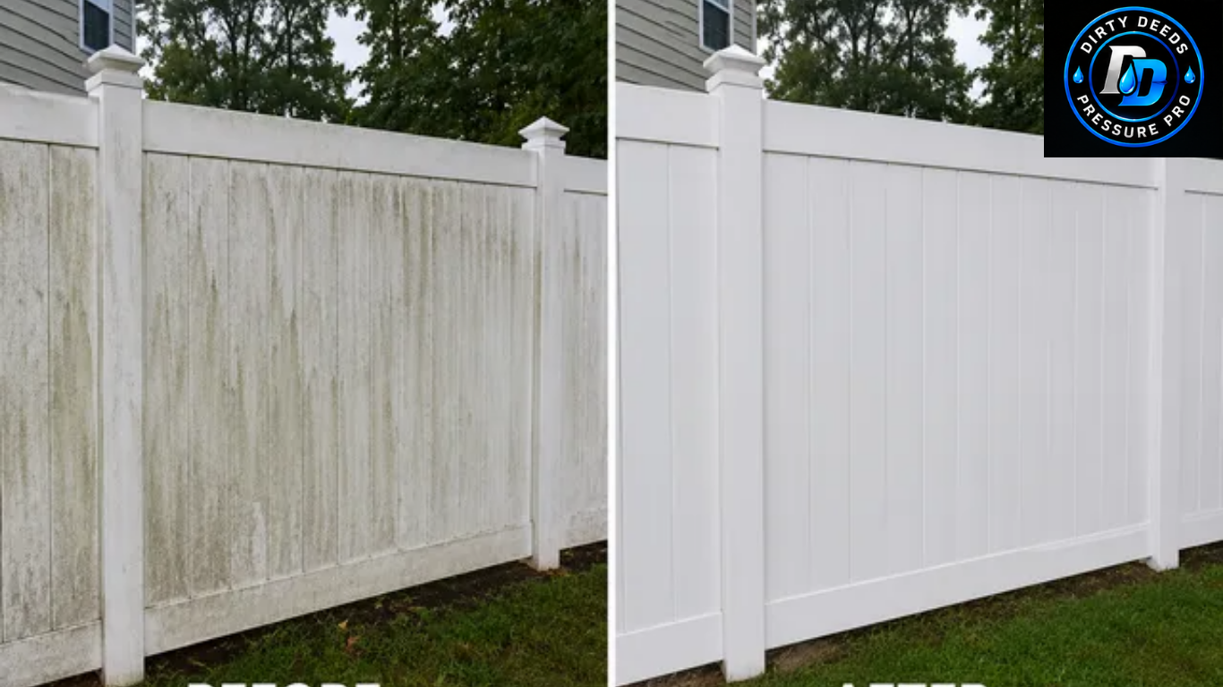 Before-and-after of a white fence restored from dirty to freshly painted.