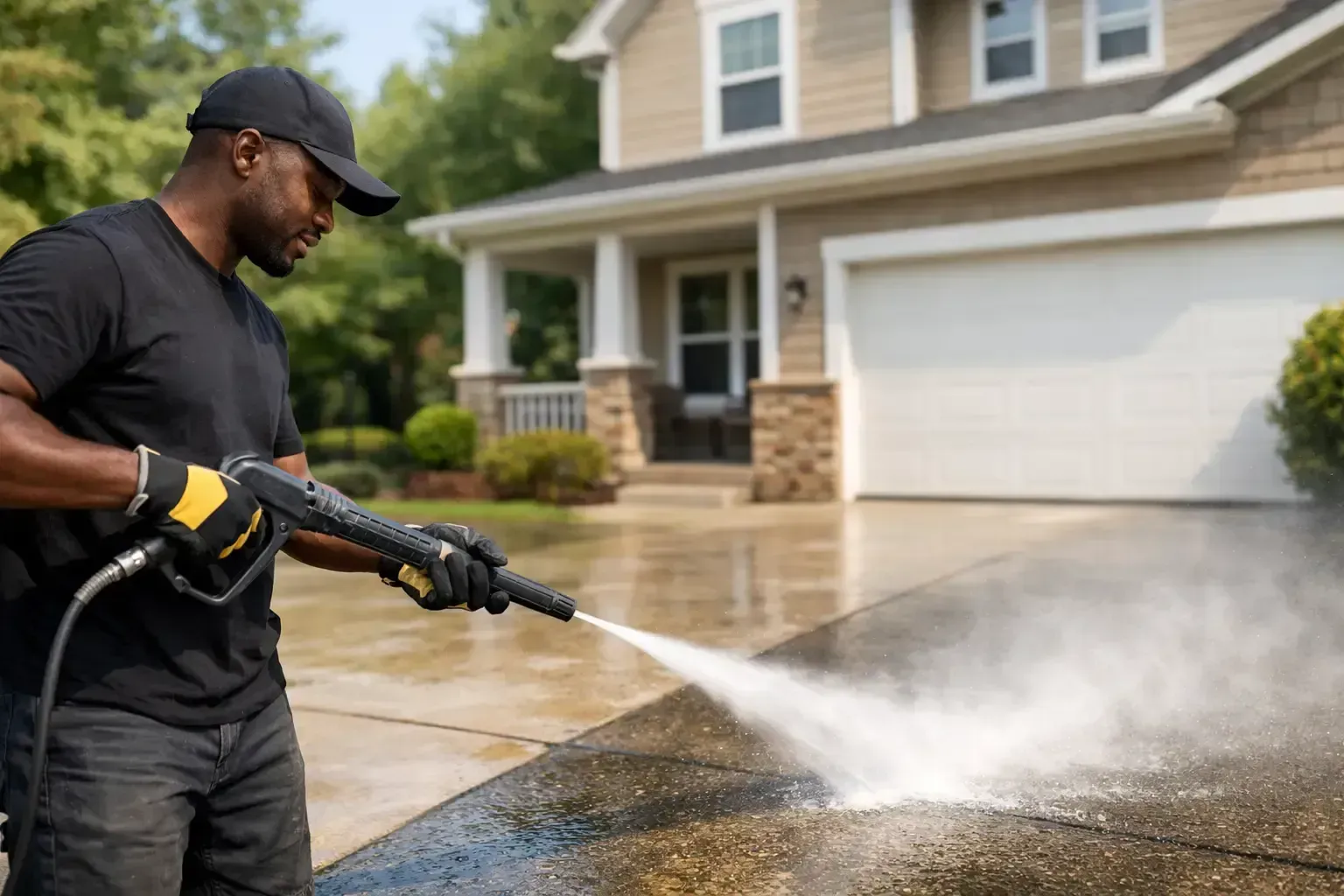 Person pressure-washing a driveway in front of a suburban house.