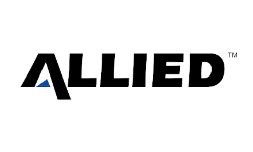 Logo of Allied. Black text on white background. The “A” has a blue triangle within.
