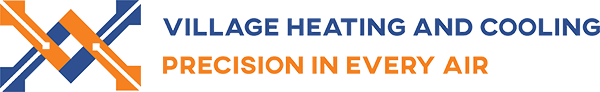 Logo of Village Heating and Cooling, with overlapping blue and orange shapes and text.