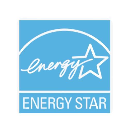 Energy Star logo: Blue square with white text and star, signifying energy efficiency.