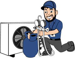 HVAC technician kneeling, connecting gauges to AC unit, holding a blue refrigerant tank, smiling.
