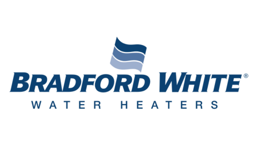 Bradford White Water Heaters logo with blue text and stylized wave graphic.