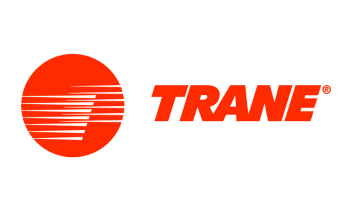 Orange Trane logo: circle with horizontal lines, next to red 