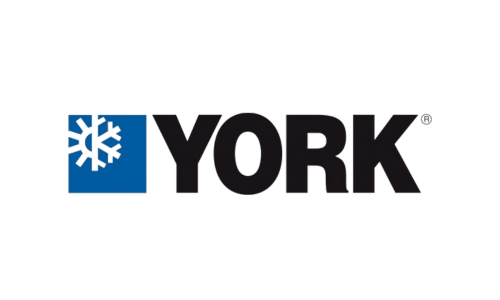 York logo: Blue square with a white snowflake, black 