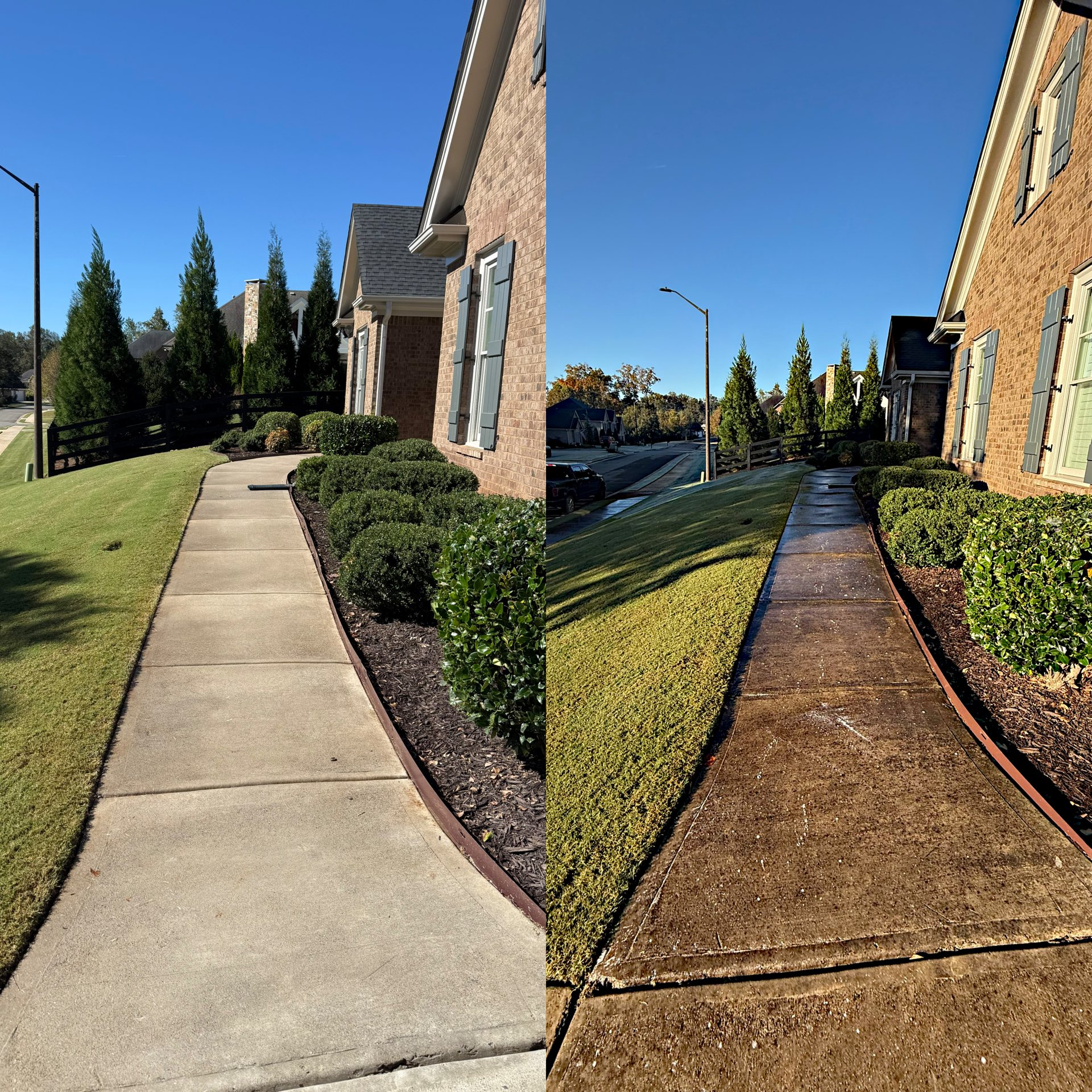 Split-screen comparison showing a sidewalk before and after pressure washing, with the right side showing clean concrete.