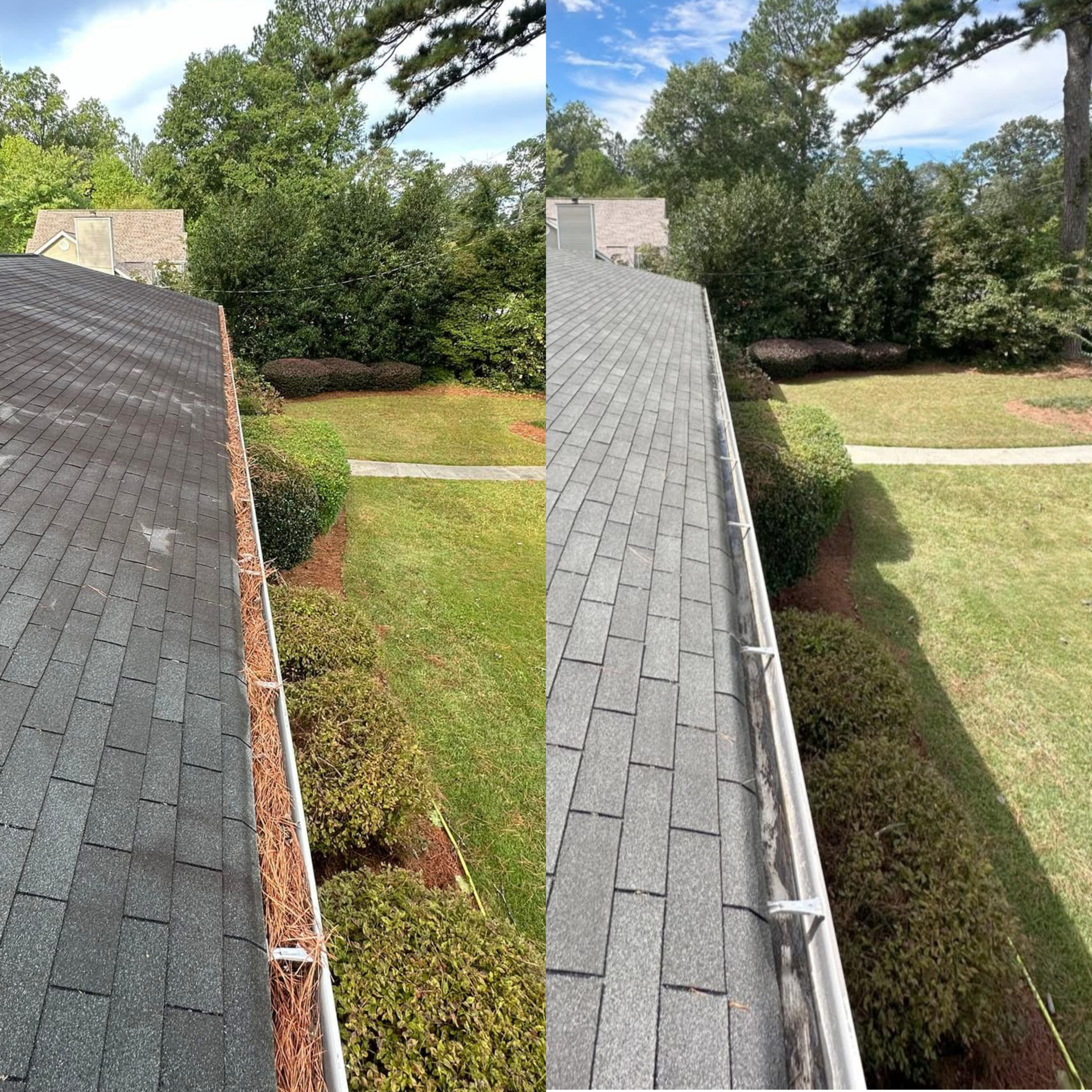 Side-by-side view of two gray shingle roofs beside a green lawn and trees on a sunny day.
