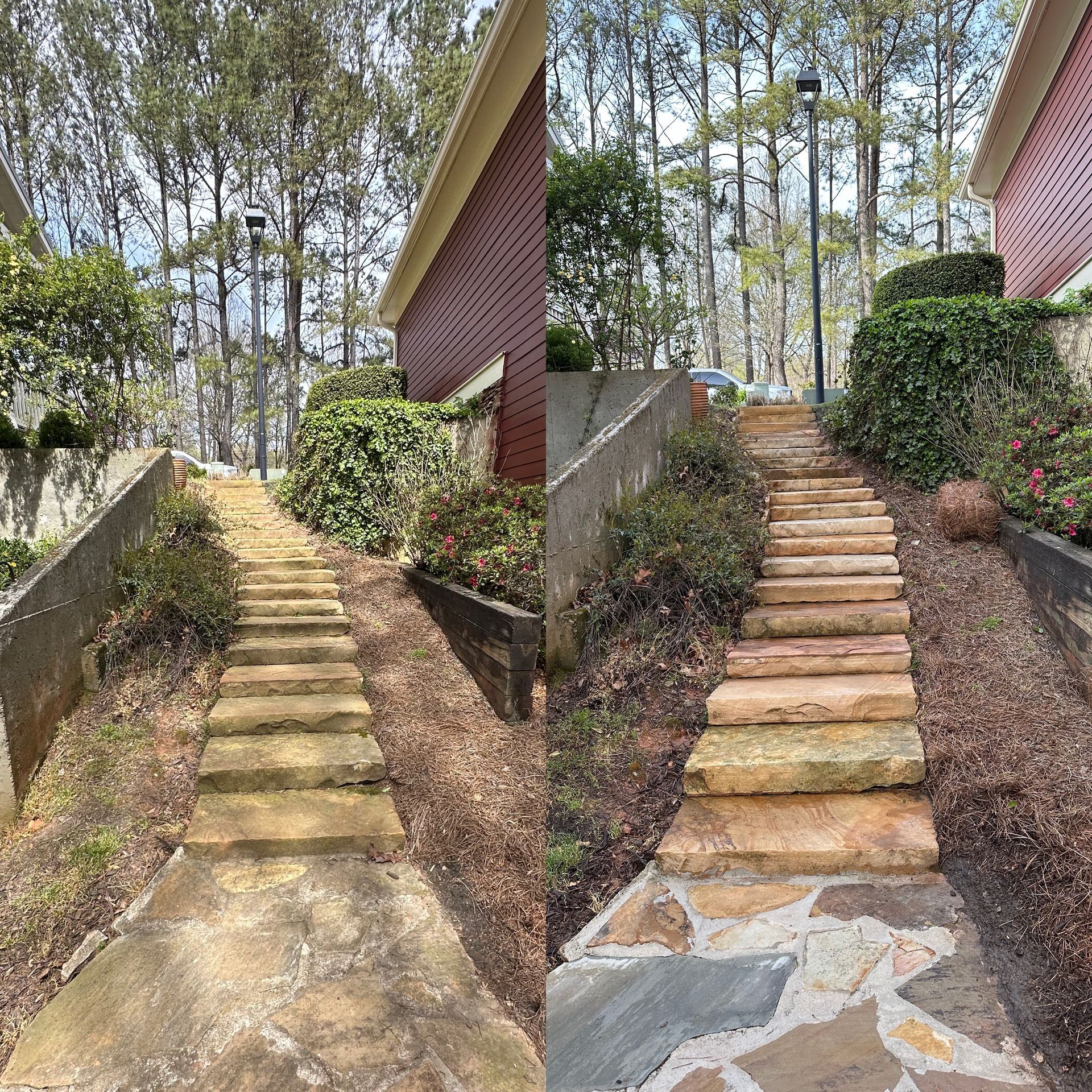Split-screen view showing a dirty concrete pool deck before and after professional pressure washing.