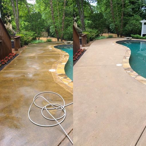 Before-and-after view of a poolside concrete walkway: stained and wet on the left, clean and dry on the right.