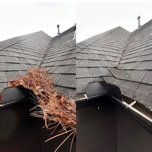 Split view of a roof gutter clogged with leaves on the left, and cleared on the right