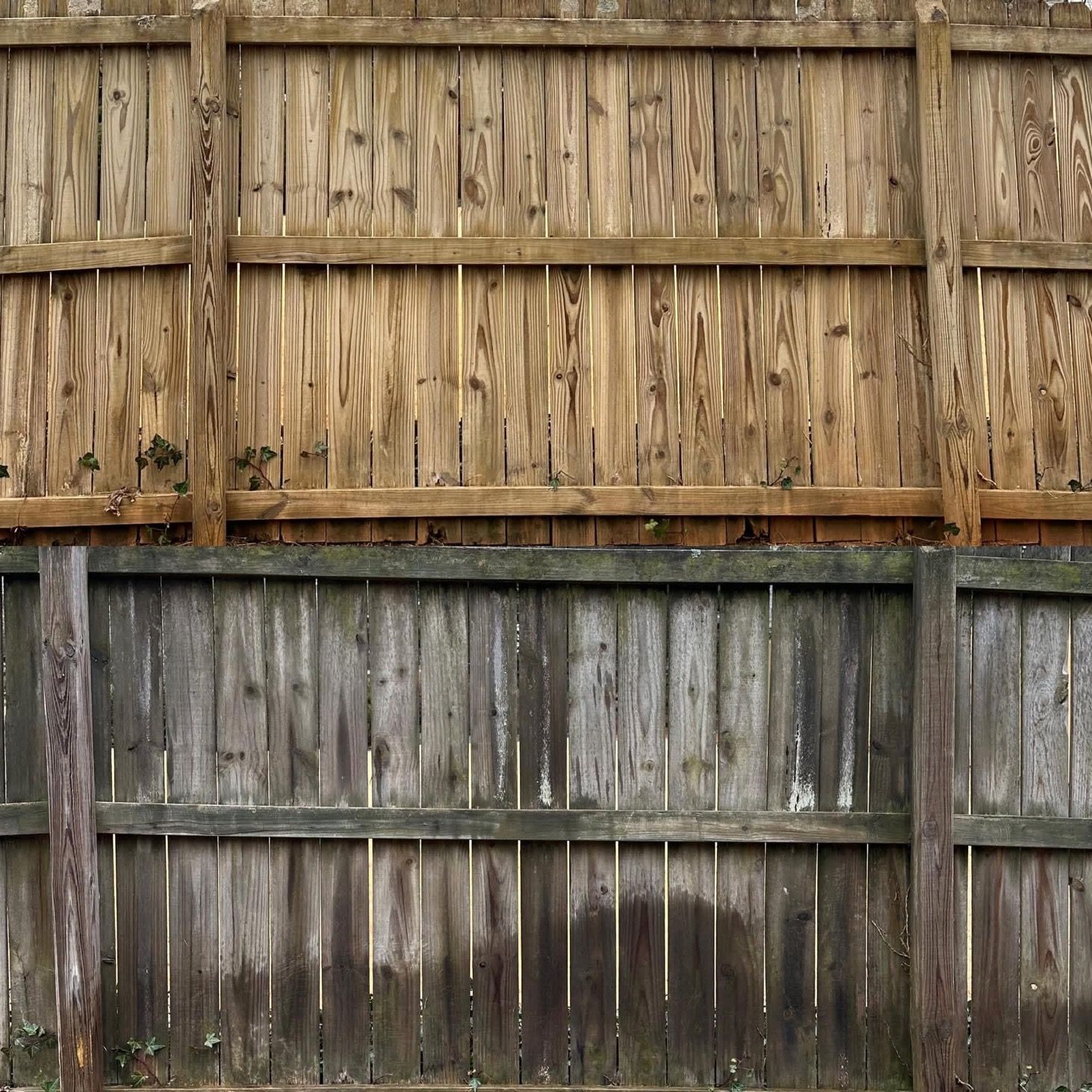 Comparison of wooden fence before and after professional washing service.