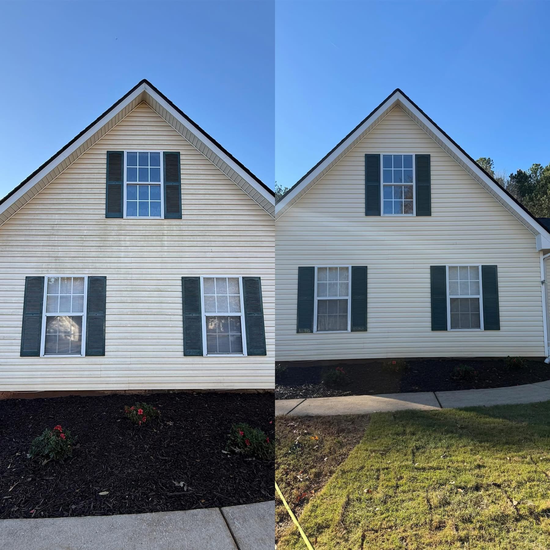 Front view of a white house with a side-by-side comparison before power washing and after pressure washing.