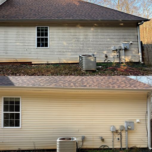 Before-and-after view of a house exterior with painted siding, window, AC unit, and utility meters.