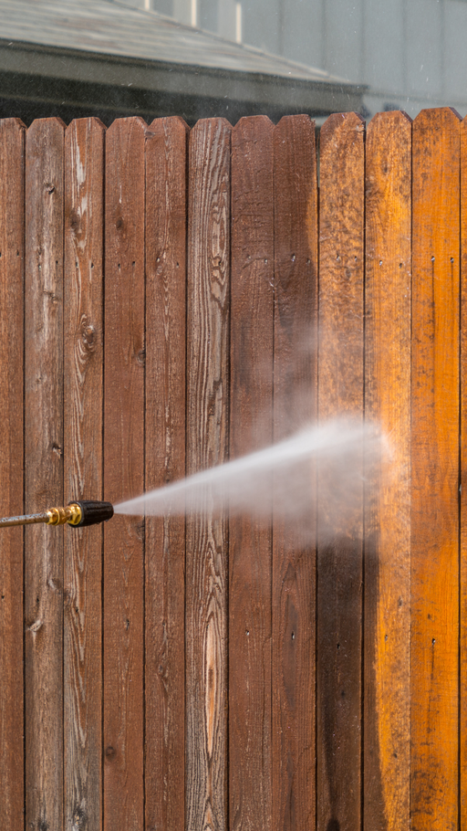 Pressure washer spraying water on a wooden fence, cleaning the right side