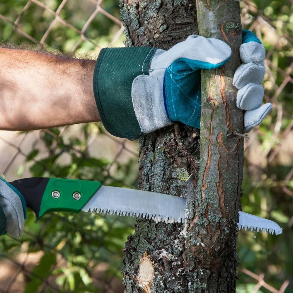 A gloved hand uses a green pruning saw to cut into a tree branch near a wire fence.