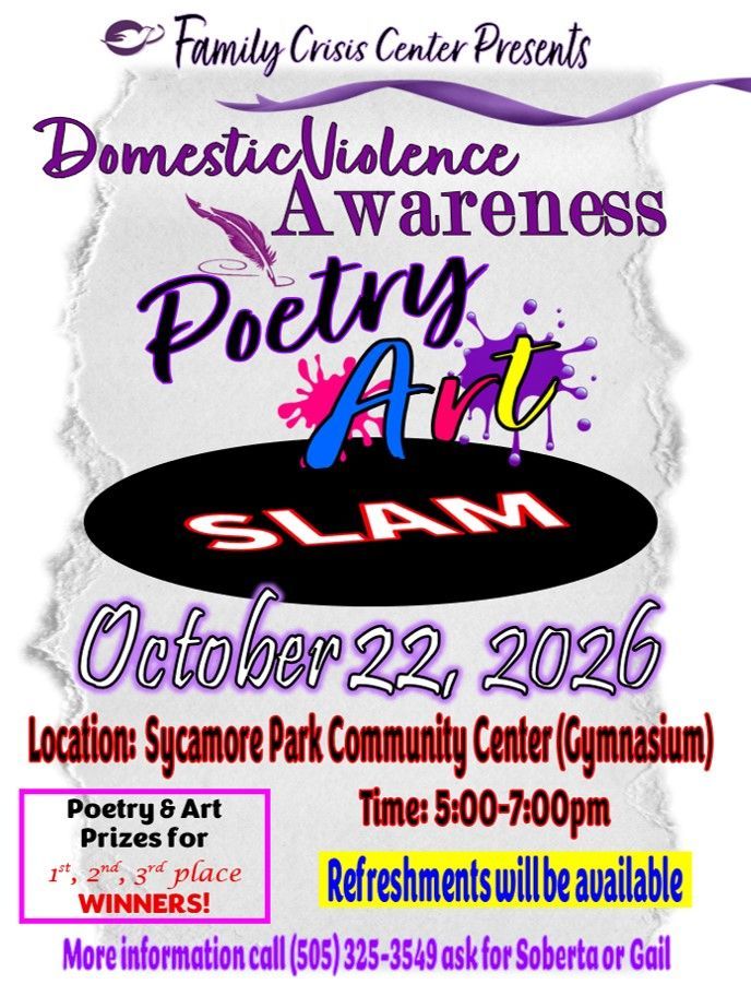 Domestic violence awareness poetry art slam flyer, October 22, 2026, with event time and location details.