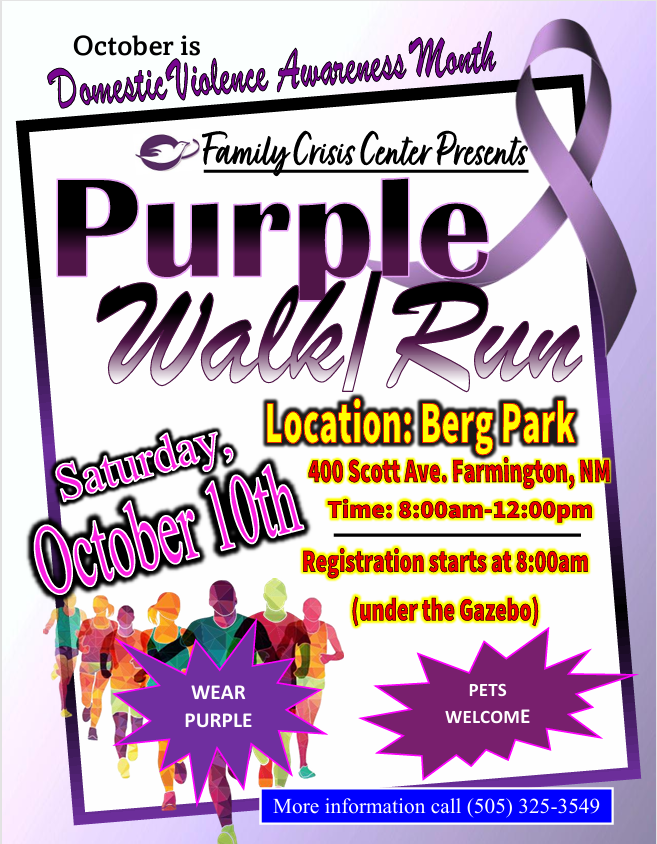 Purple Walk Run poster for Domestic Violence Awareness Month at Berge Park, October 14, with 8:00 a.m. registration